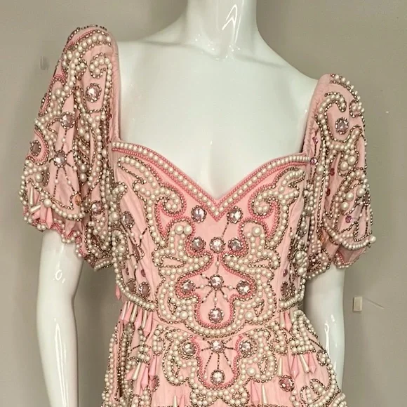 NWT ASOS Luxe pearl embellished puff sleeve caged mini dress in pink Sz 6(US) - Picture 2 of 16